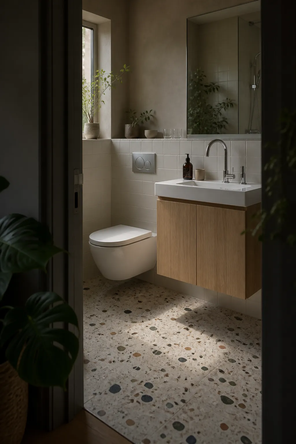 Modern bathroom with a softly patterned terrazzo floor and simple neutral fittings