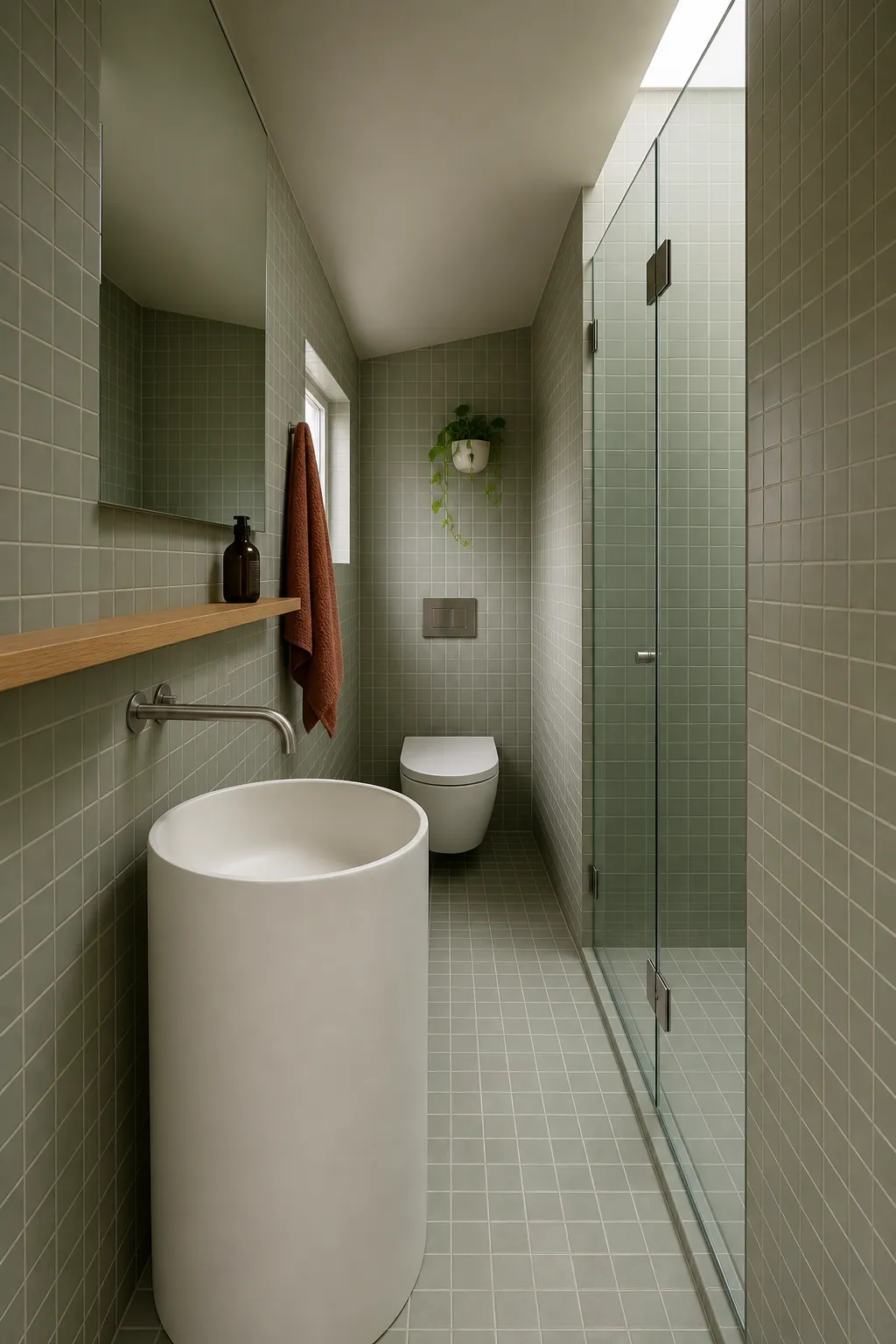 Narrow bathroom lined with calm sage green tile and streamlined fixtures