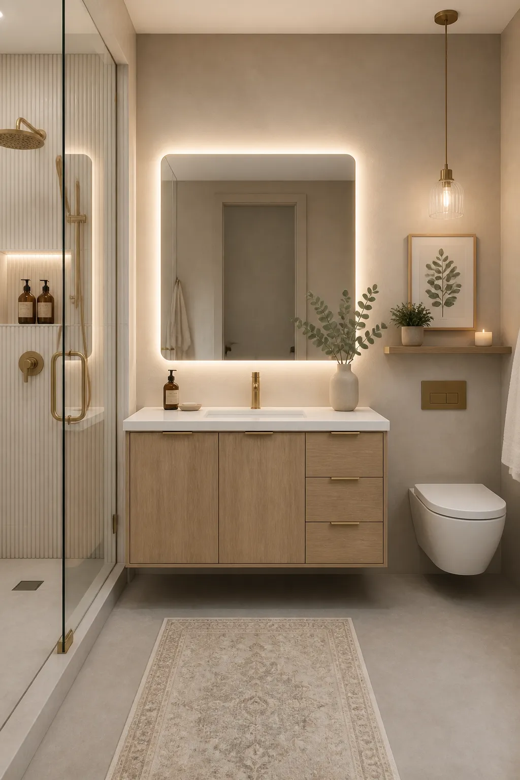 Compact bathroom with a wall-mounted floating oak vanity and open floor below