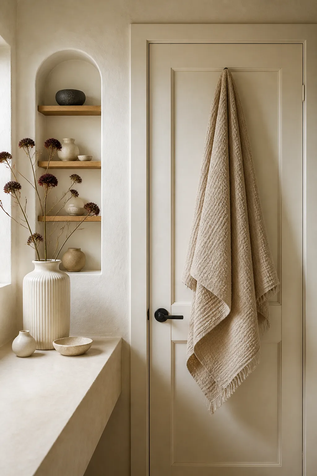 Warm organic bathroom viewed through a distinctive statement doorway