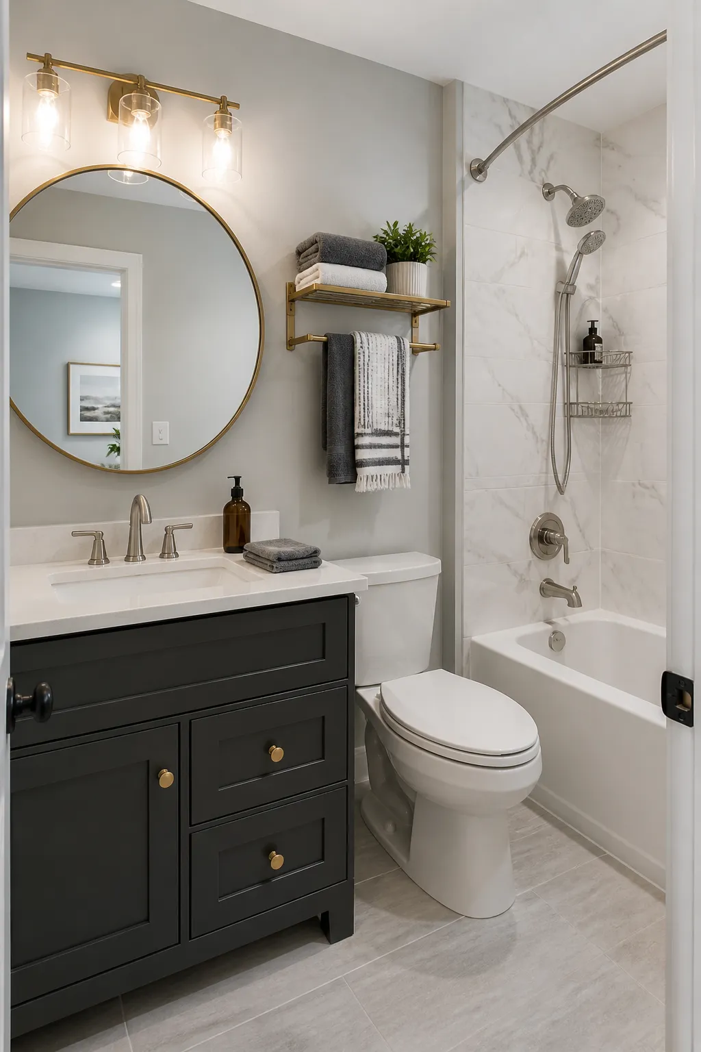 Bathroom with a white tub and grounding charcoal vanity