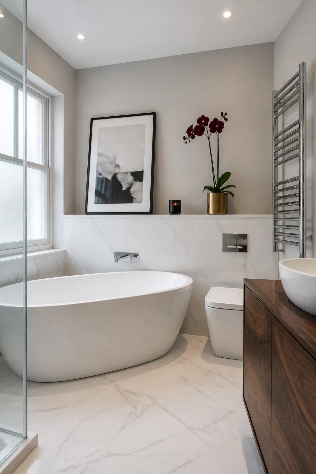 Marble bathroom with rich walnut storage cabinetry and refined fixtures