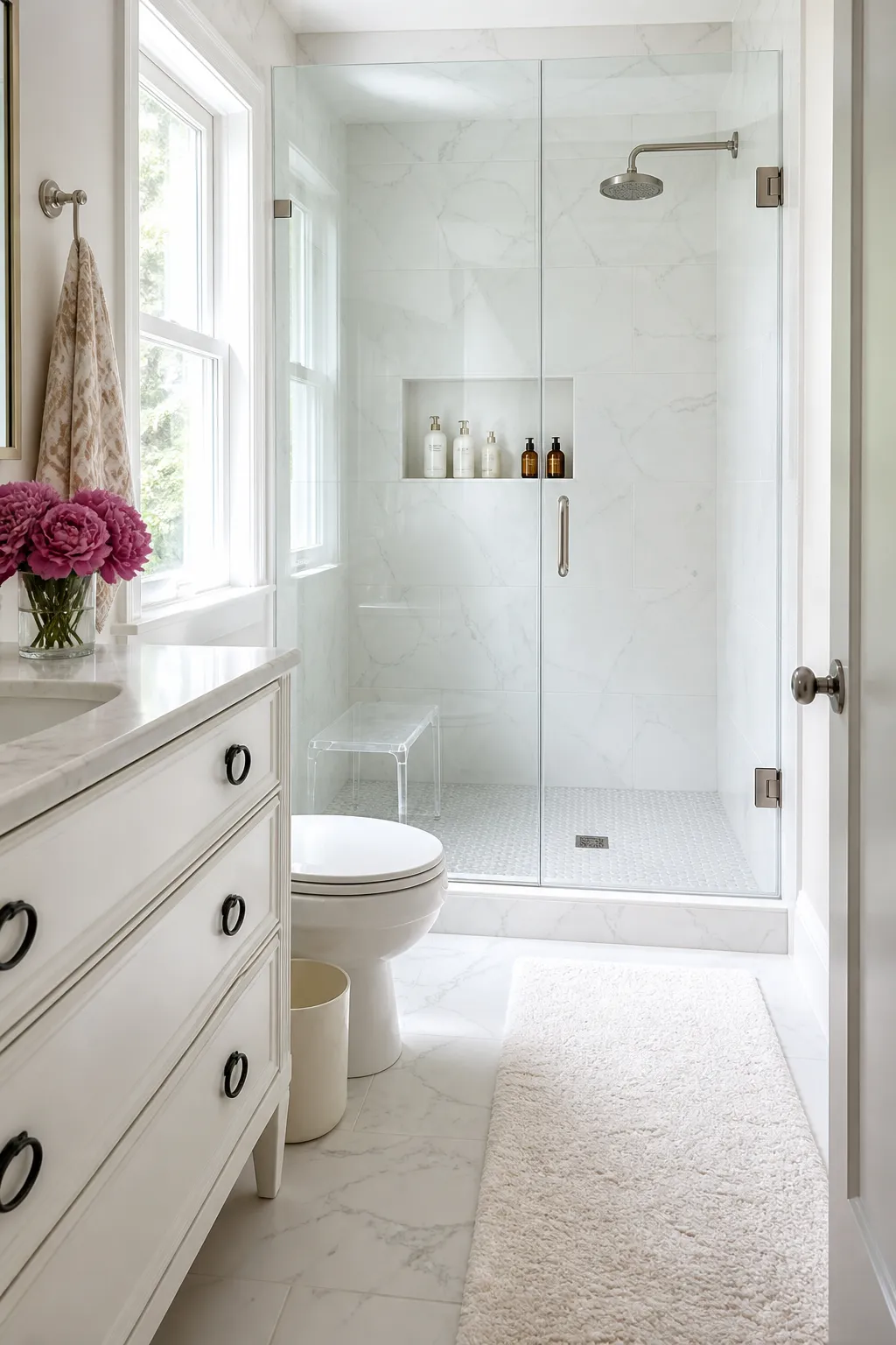 Bright white bathroom with a glass shower enclosure and reflective surfaces