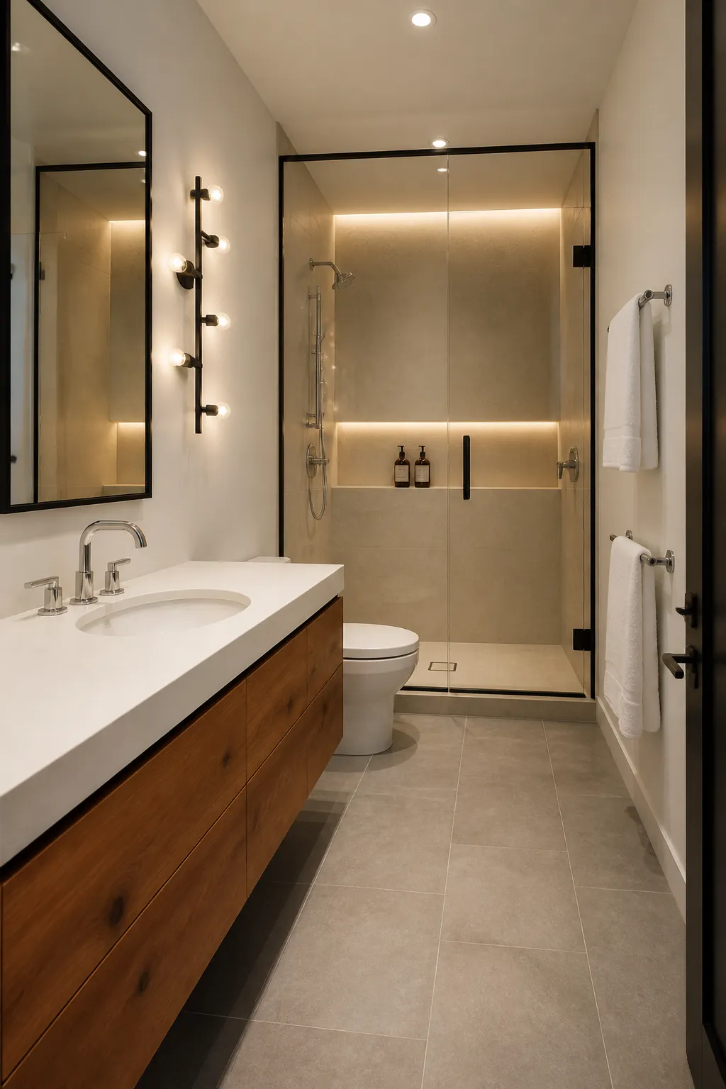 Narrow contemporary bathroom with fixtures arranged efficiently along the walls