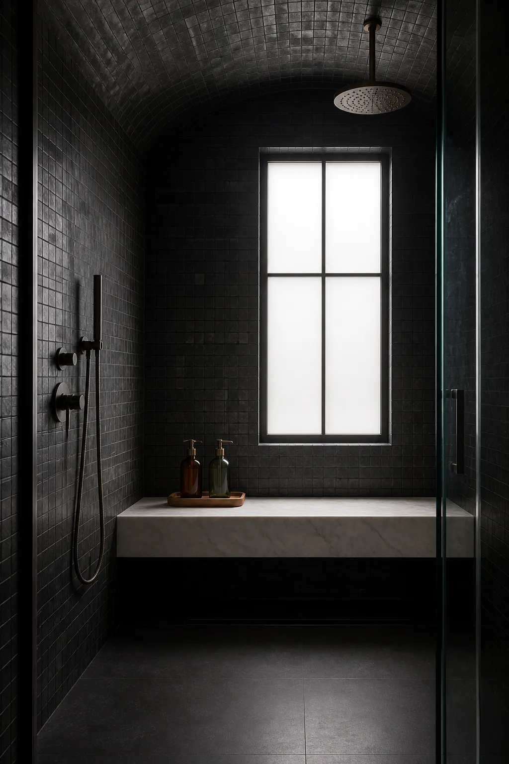 Compact bathroom with a black-tiled shower, glass enclosure, and warm wood vanity