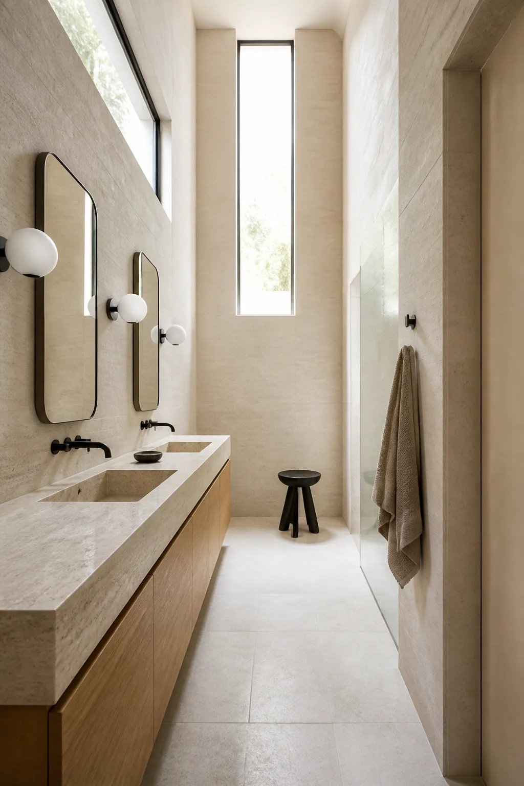Bright narrow bathroom with a long stone-topped double vanity and two sinks