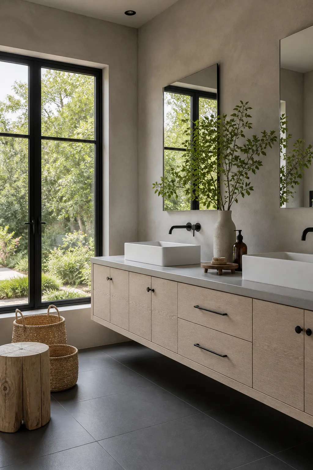 Modern bathroom featuring a floating wood vanity, white surfaces, and matte black fixtures