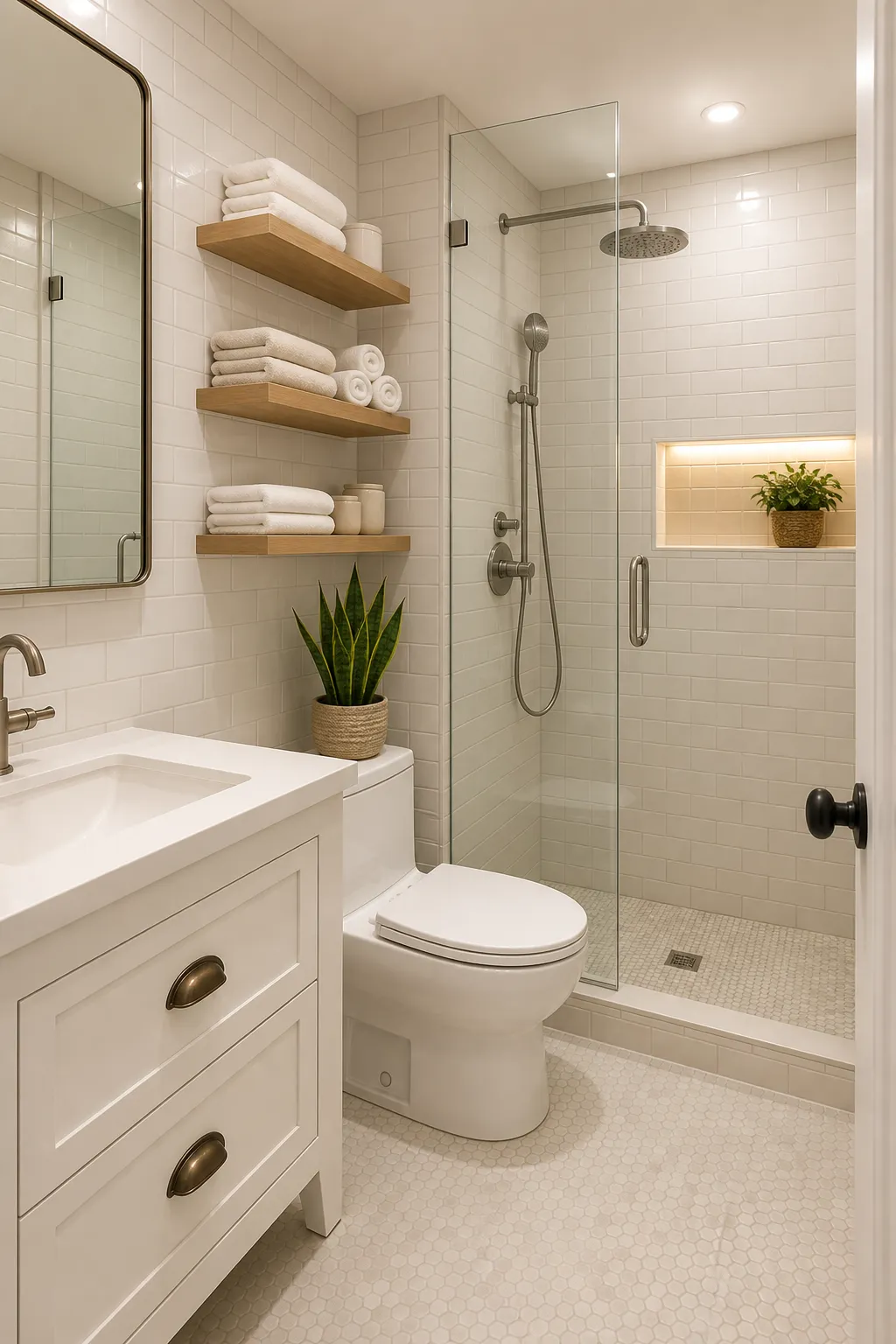 White subway-tiled shower with recessed niches for organized bath storage