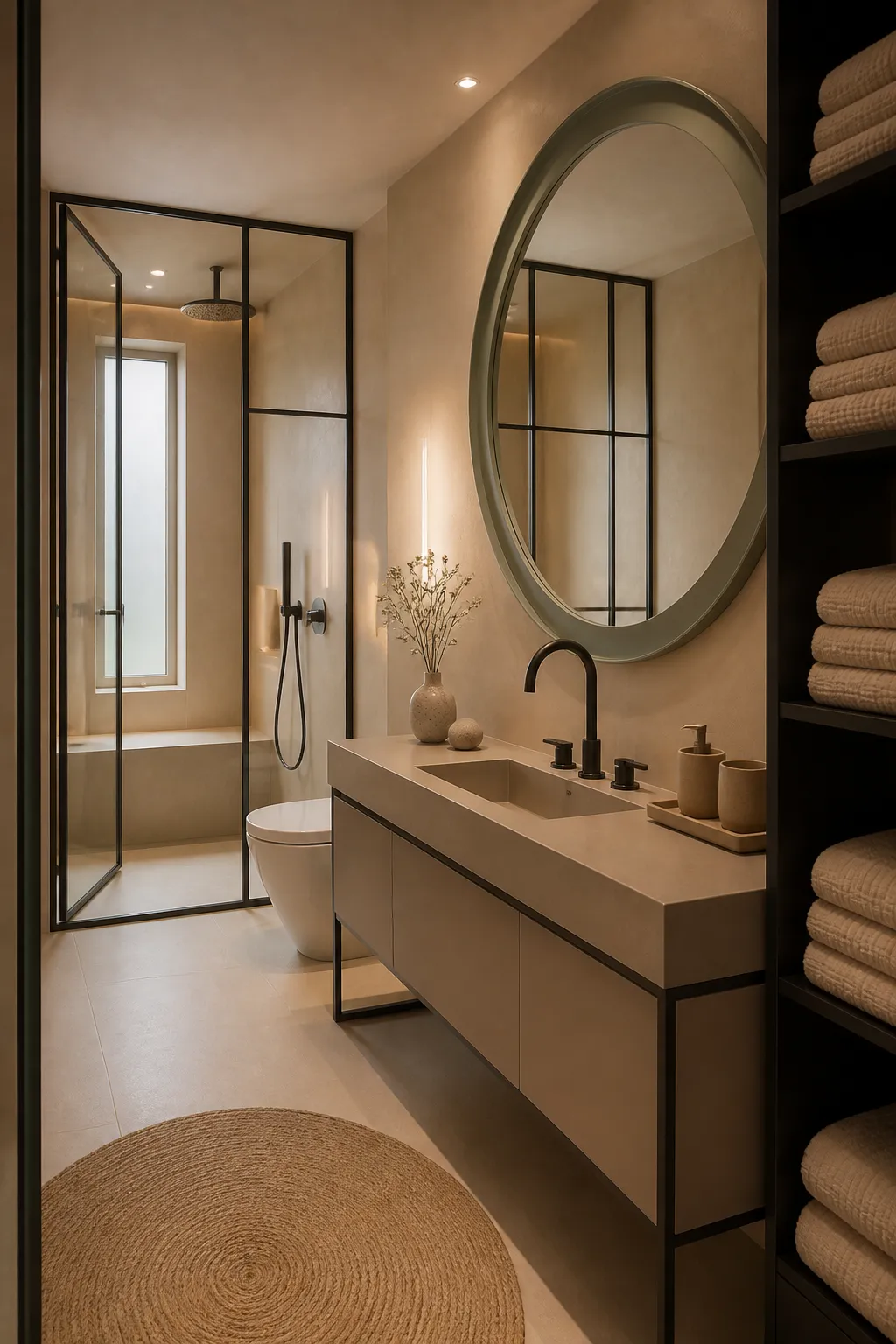 Warm beige bathroom with black-framed shower glass, mirror, and fixtures