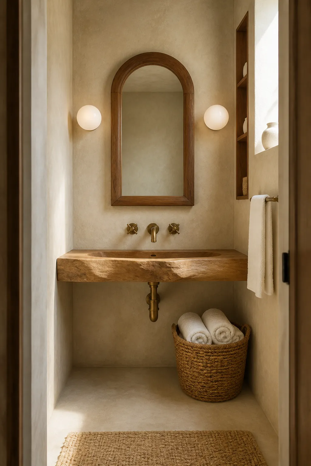 Serene small bathroom layered with wood, stone, woven textures, and warm neutral finishes