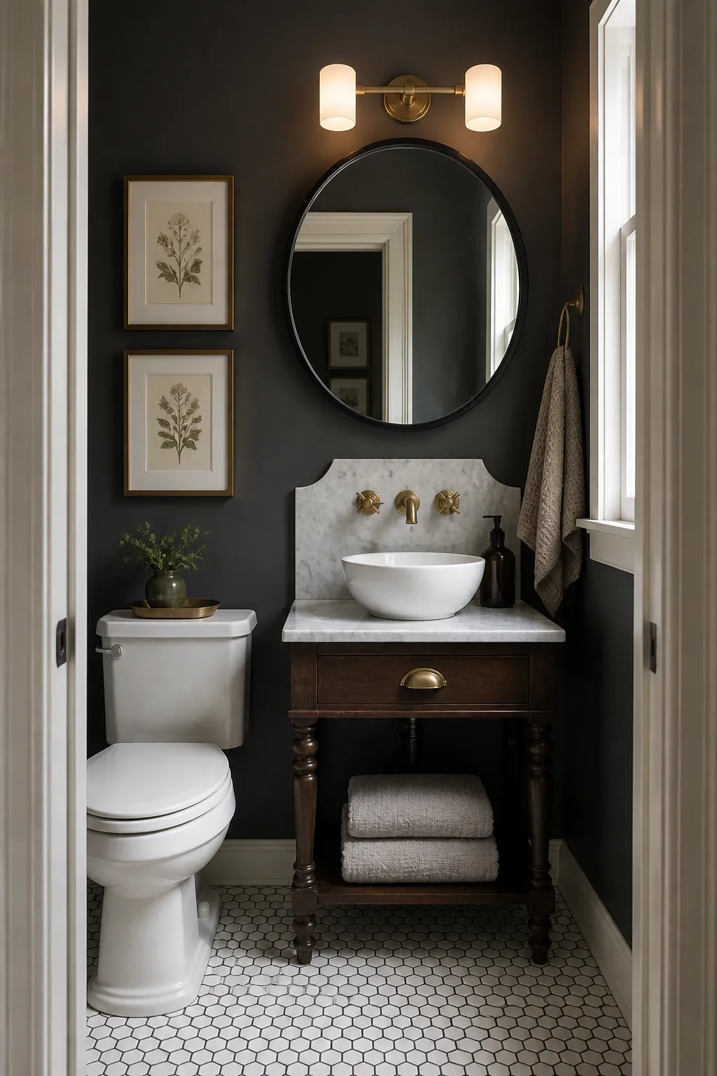 Minimal powder room with dark walls, a vintage-style mirror, and classic metal fixtures