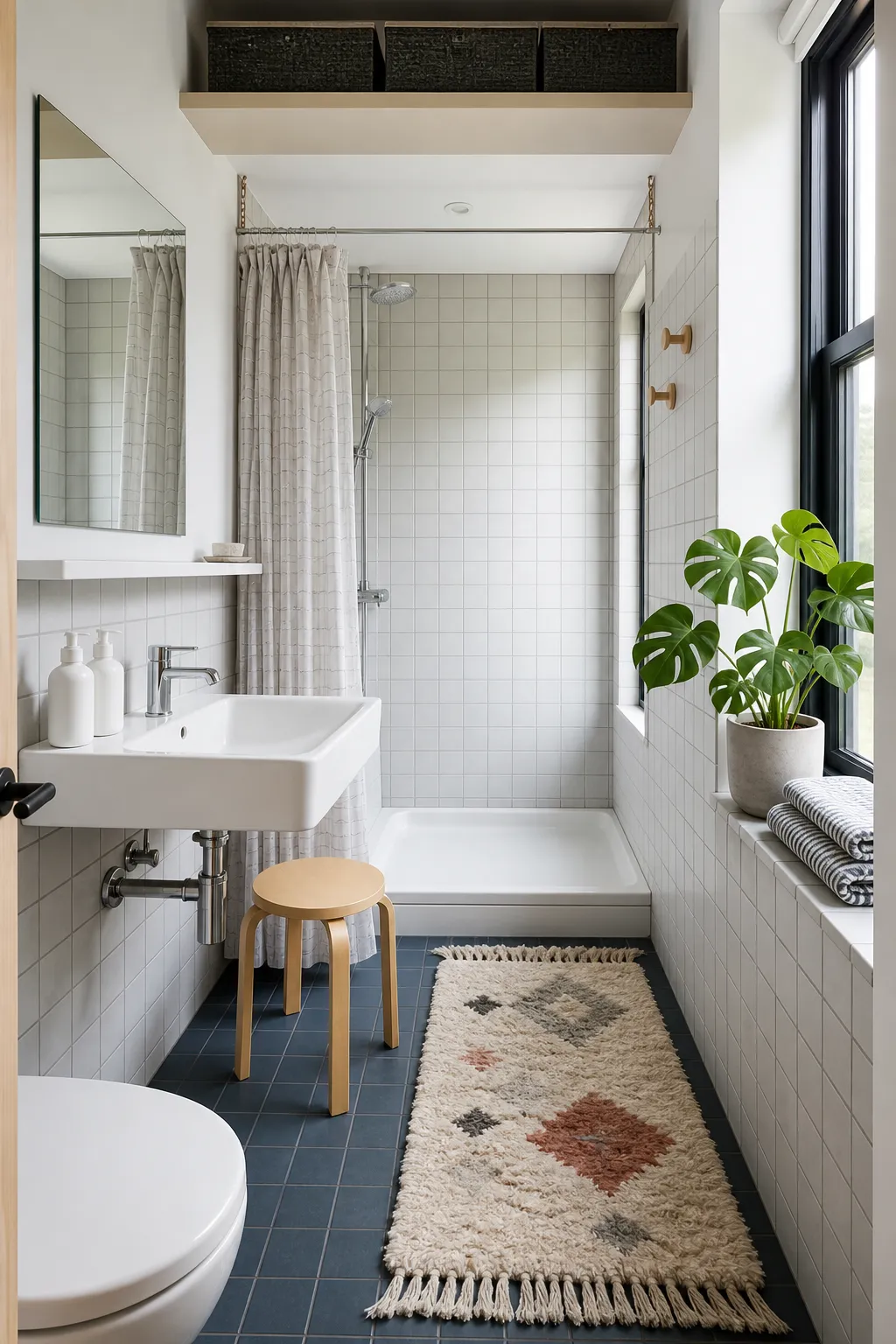 Airy compact bathroom finished with light gray tile, white fixtures, and clear glass