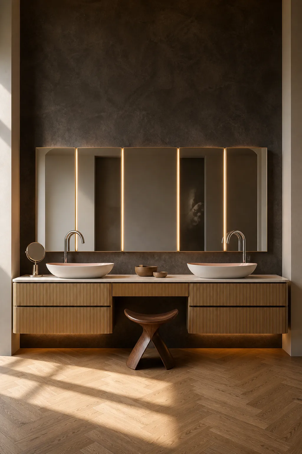 Elegant double vanity with brass faucets, cabinet pulls, mirrors, and wall lights