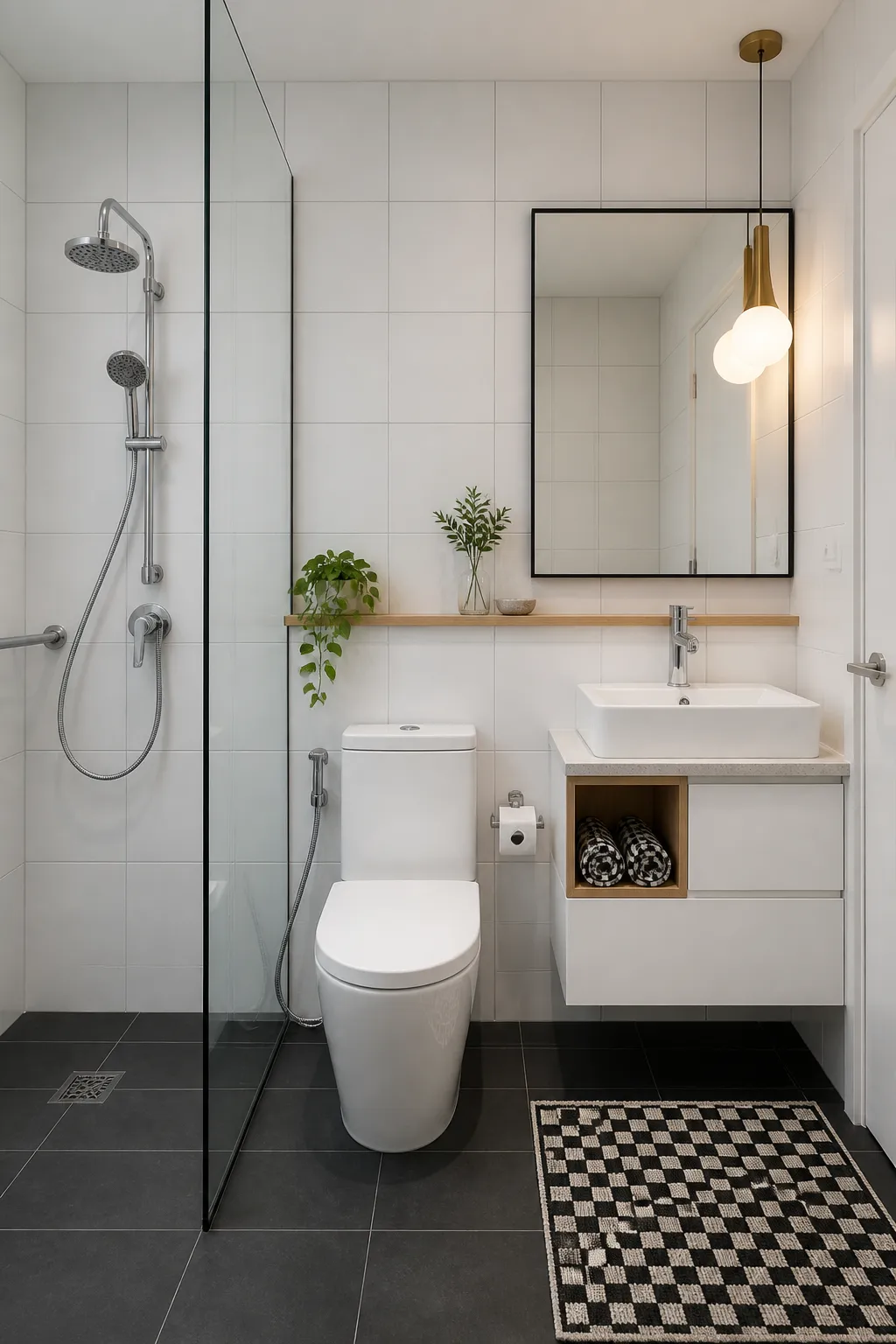 Compact bathroom with a clear frameless glass shower that maintains open sightlines