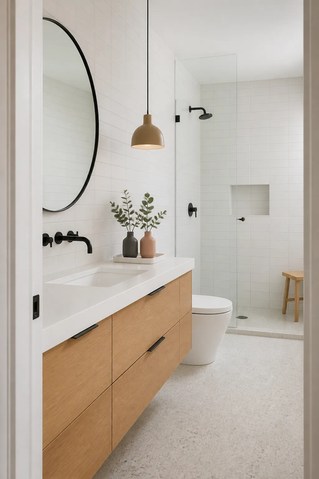 Bathroom with a natural oak vanity set against classic white subway tile