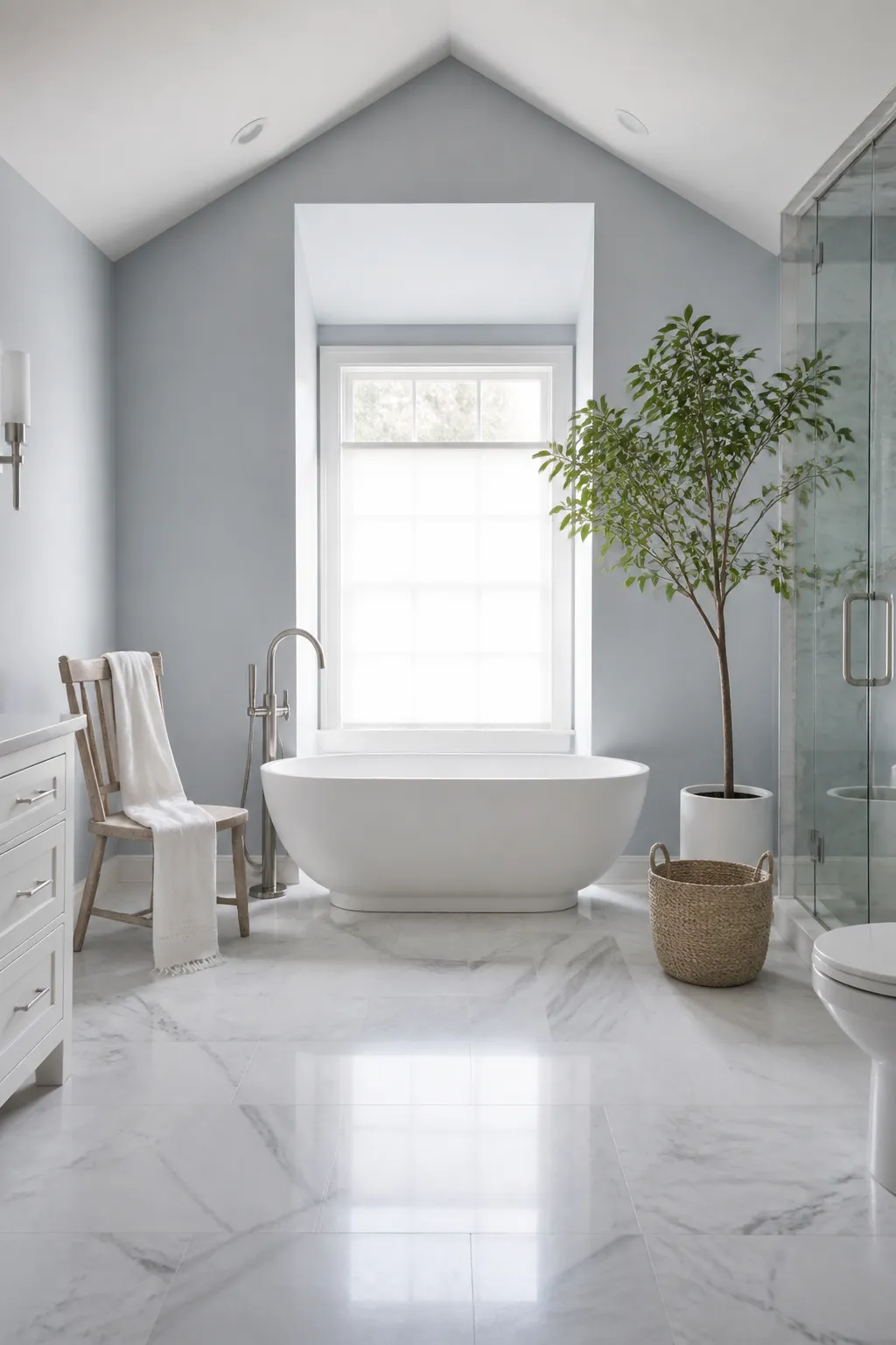 Marble-floored bathroom with a compact freestanding tub and elegant wall-mounted fixtures