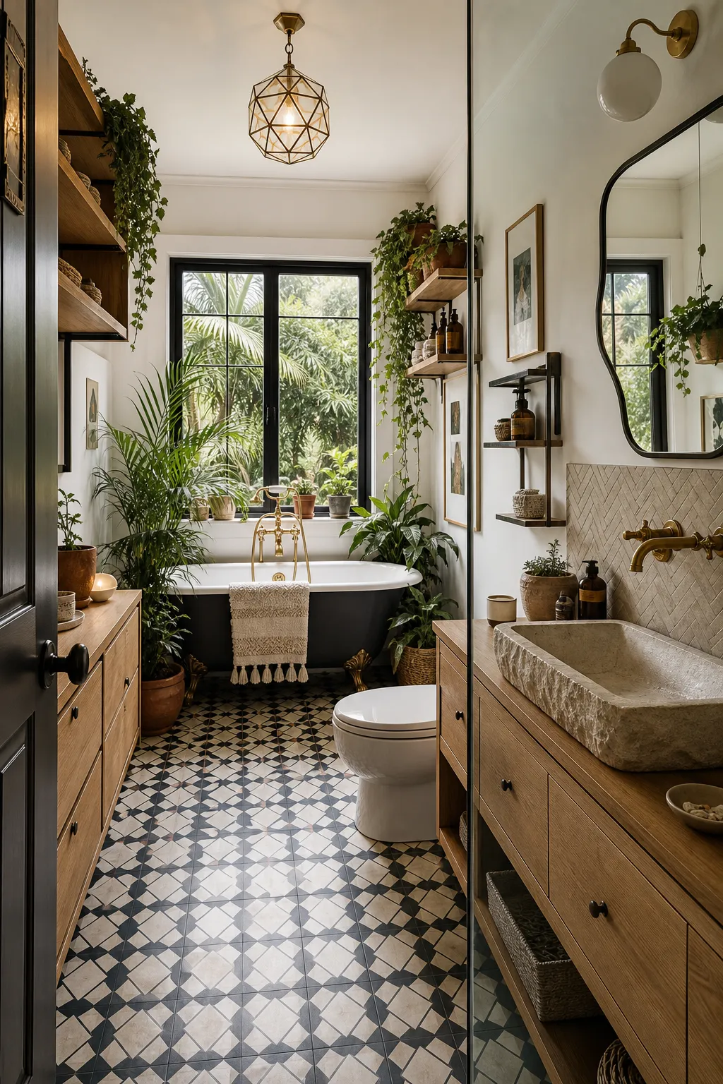 Vintage bathtub styled with leafy plants, botanical artwork, and soft natural accessories