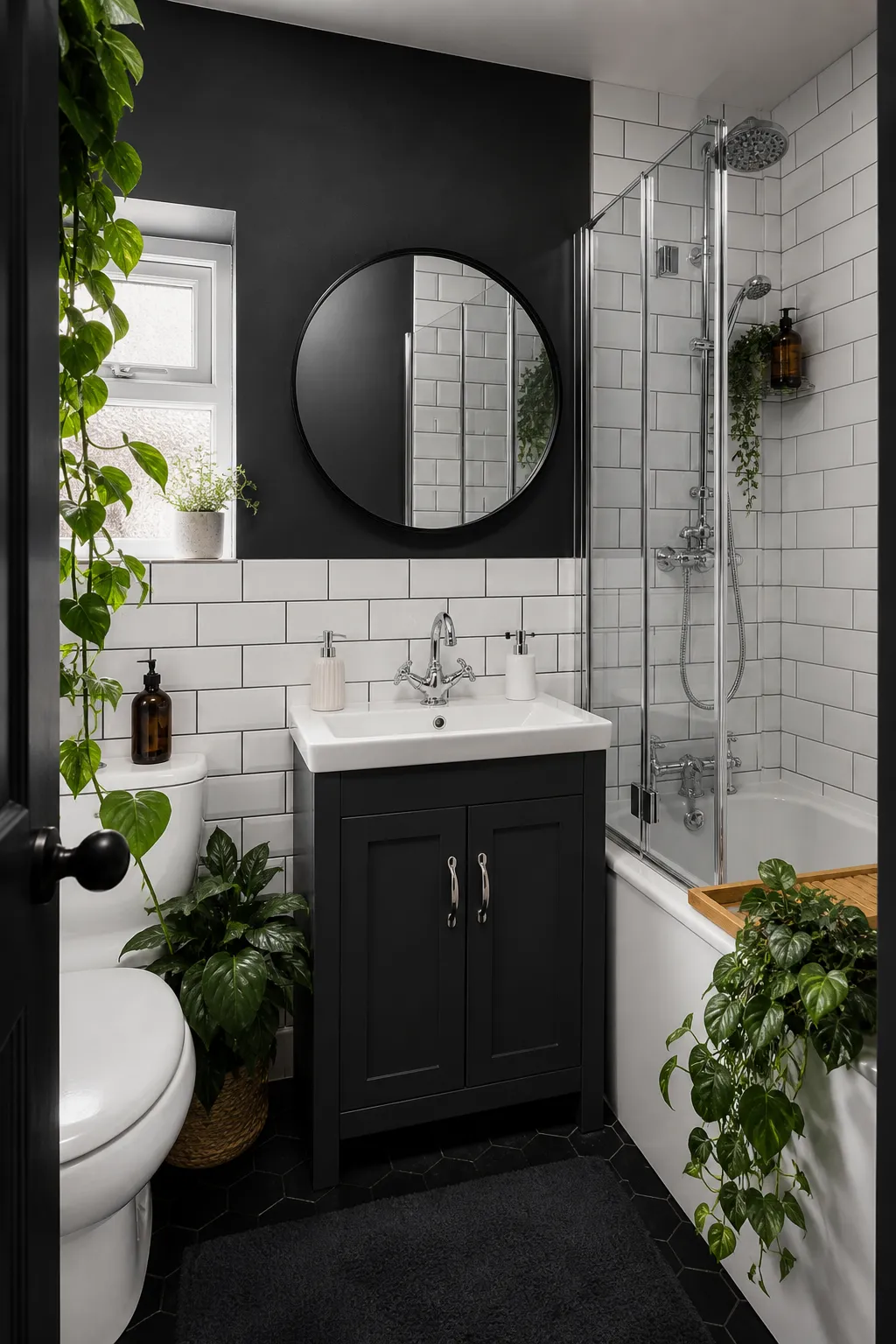 Black-and-white subway-tiled bathroom accented with fresh green plants