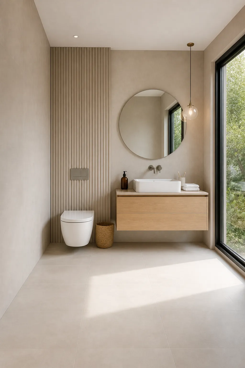 Floating oak bathroom vanity with organized drawers and open storage underneath