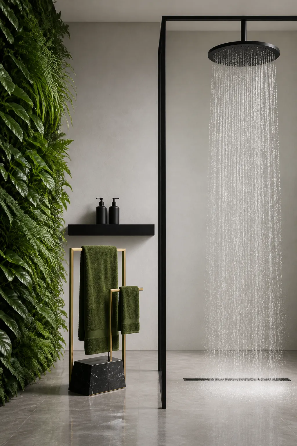 Black-framed rain shower surrounded by natural greenery and warm organic bathroom finishes