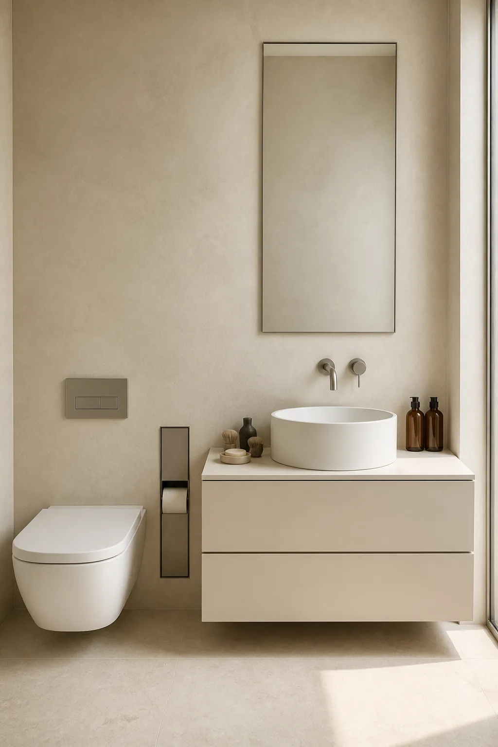 Floating vanity in a streamlined bathroom decorated with warm beige tones