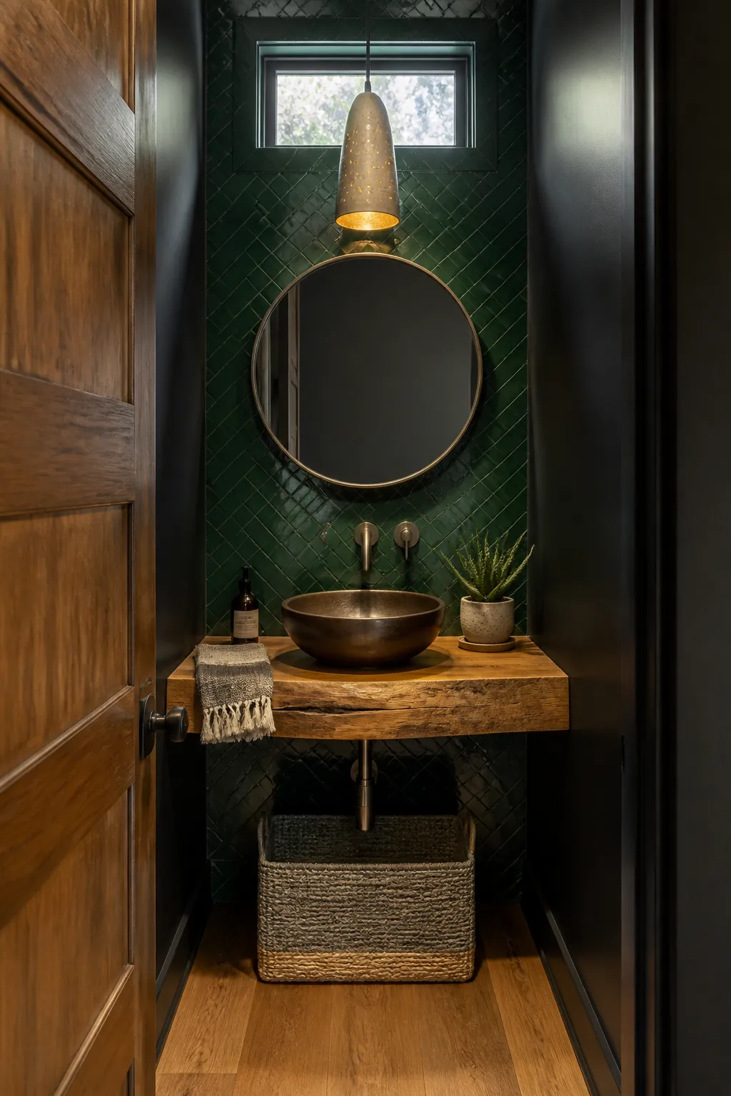 Narrow powder room featuring glossy emerald green wall tiles and dramatic lighting