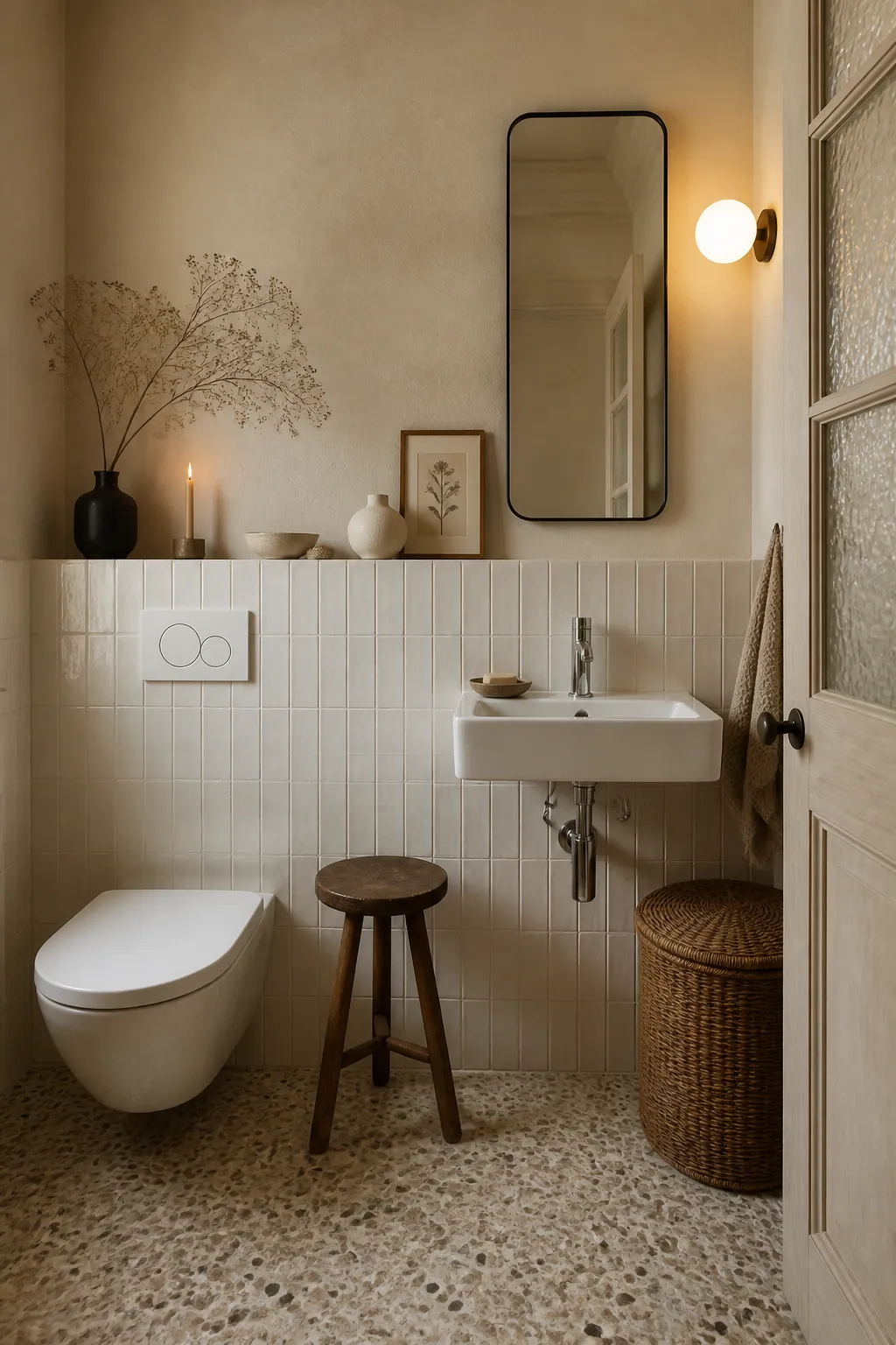 Serene bathroom layered with warm neutral tile, wood, and soft beige finishes