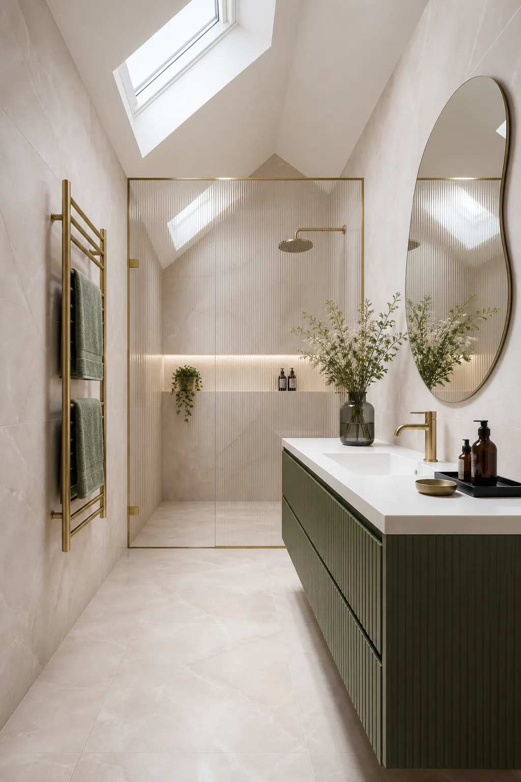 Bright bathroom with a skylight above a fresh green vanity and light neutral finishes