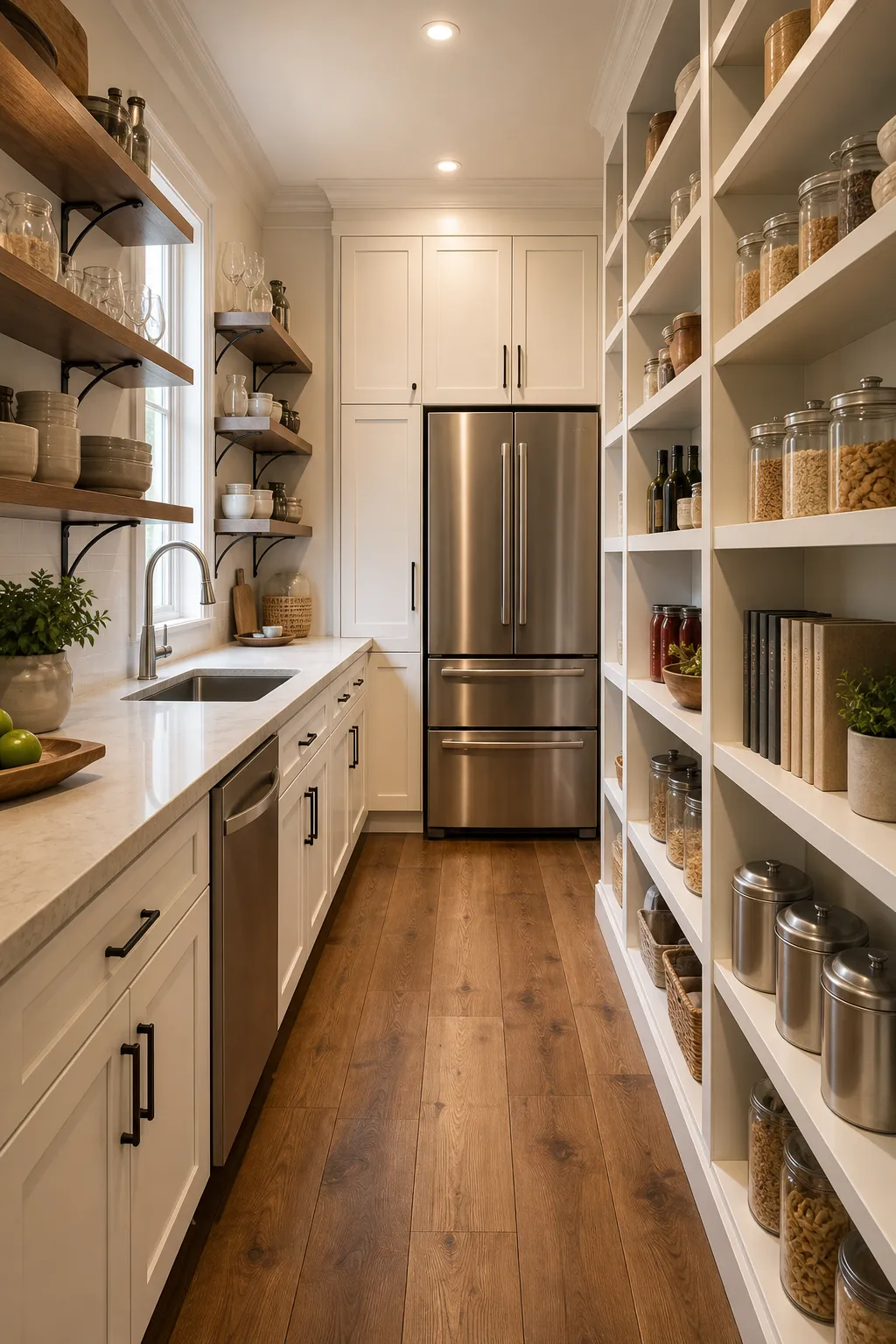 Airy walk-in pantry with a full-size refrigerator and open storage shelves