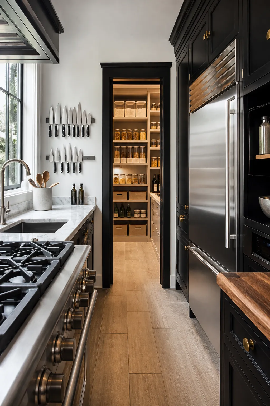 Black pantry cabinetry paired with a stainless steel refrigerator near a chef’s kitchen