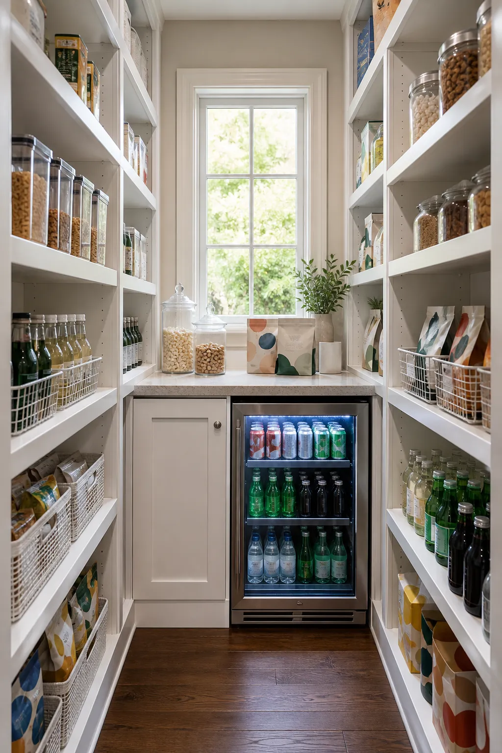 Narrow pantry with a beverage refrigerator and compact serving counter
