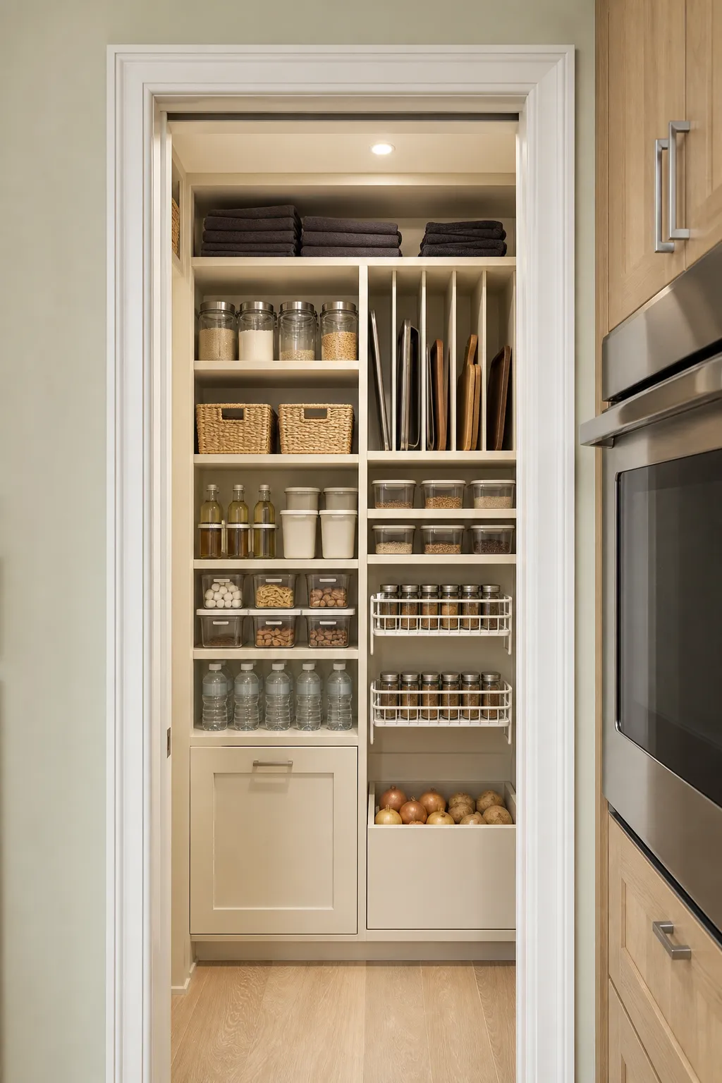 Compact pantry and refrigerator concealed behind a seamless hidden door