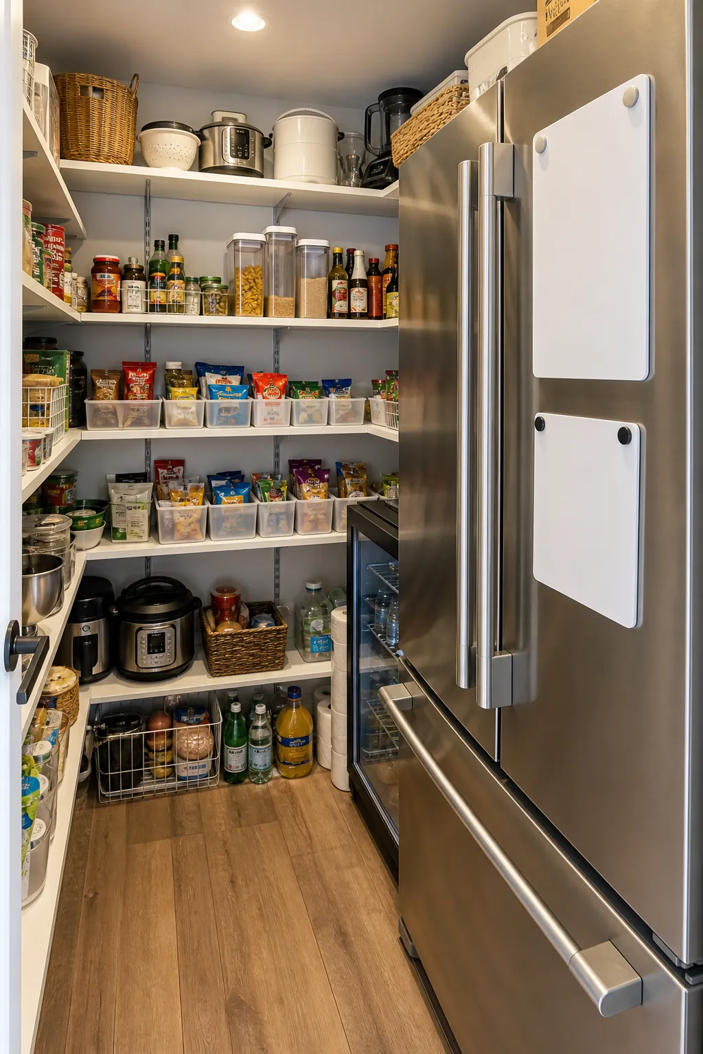 Pantry refrigerator surrounded by deep shelves filled with bulk groceries