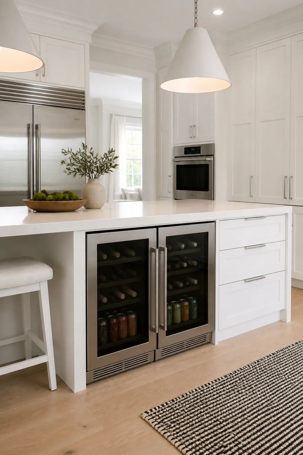 White pantry island fitted with two built-in beverage coolers