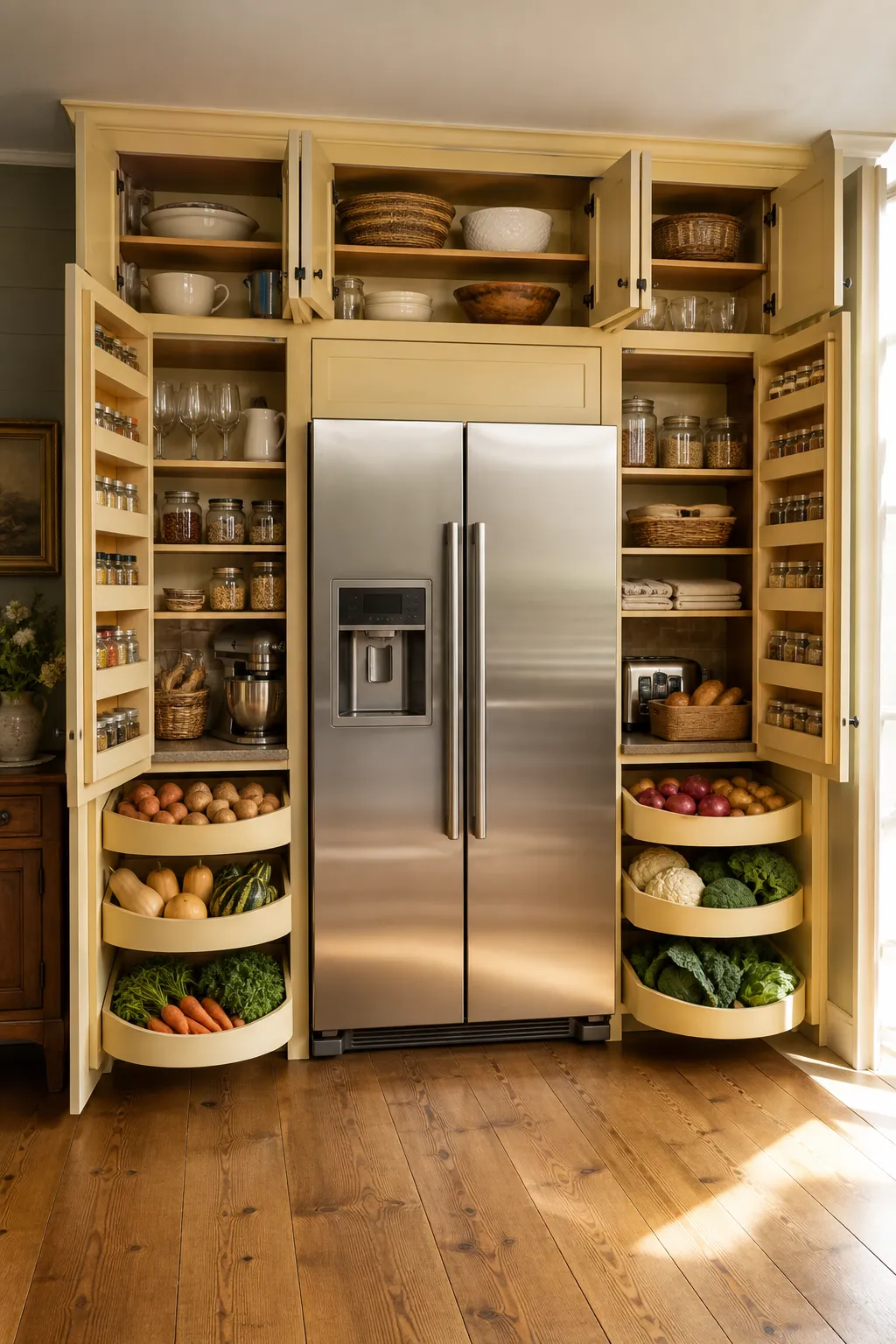 Built-in refrigerator framed by country-style pantry cabinets