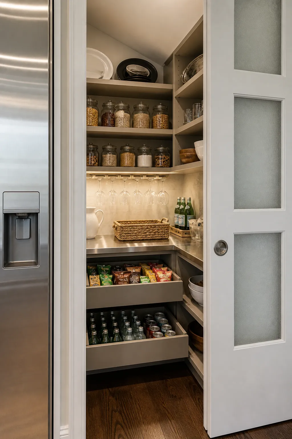 Compact butler’s pantry with refrigerator accessed through a pocket door