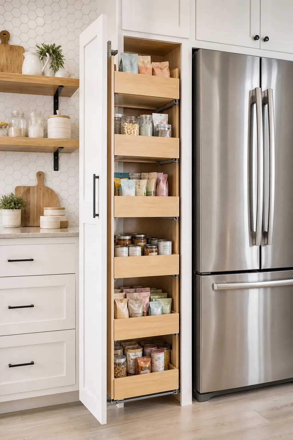 Slim pull-out pantry cabinet installed beside a refrigerator