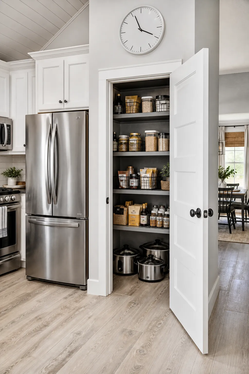 Hidden closet beside a refrigerator converted into organized pantry storage