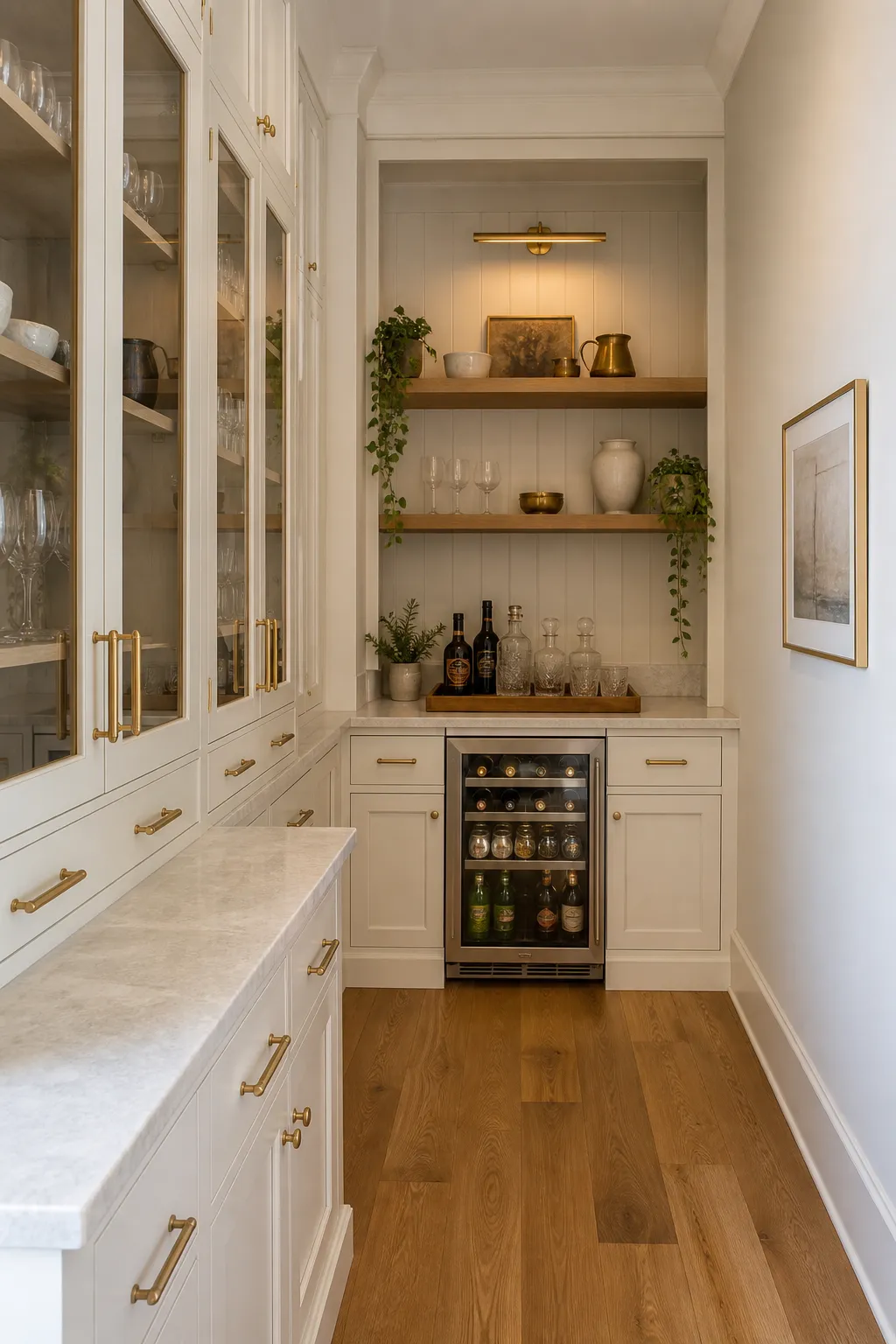 Elegant white butler’s pantry designed around a built-in refrigerator