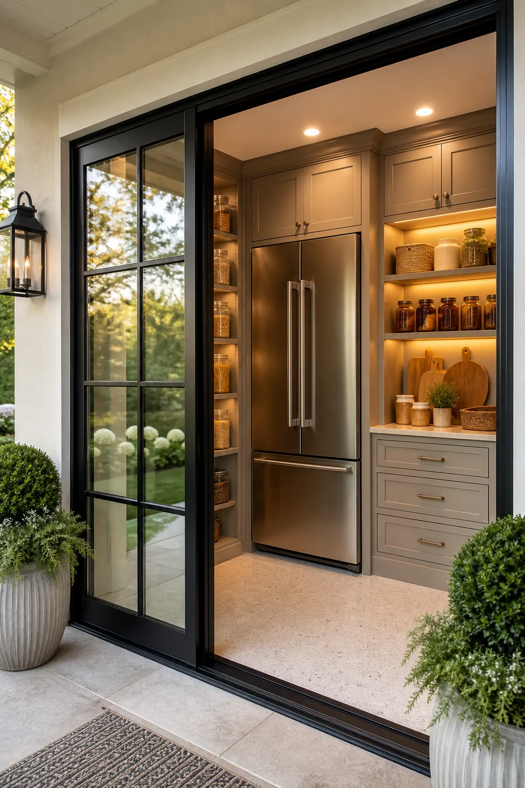 Bright pantry and refrigerator visible through a steel-framed glass door