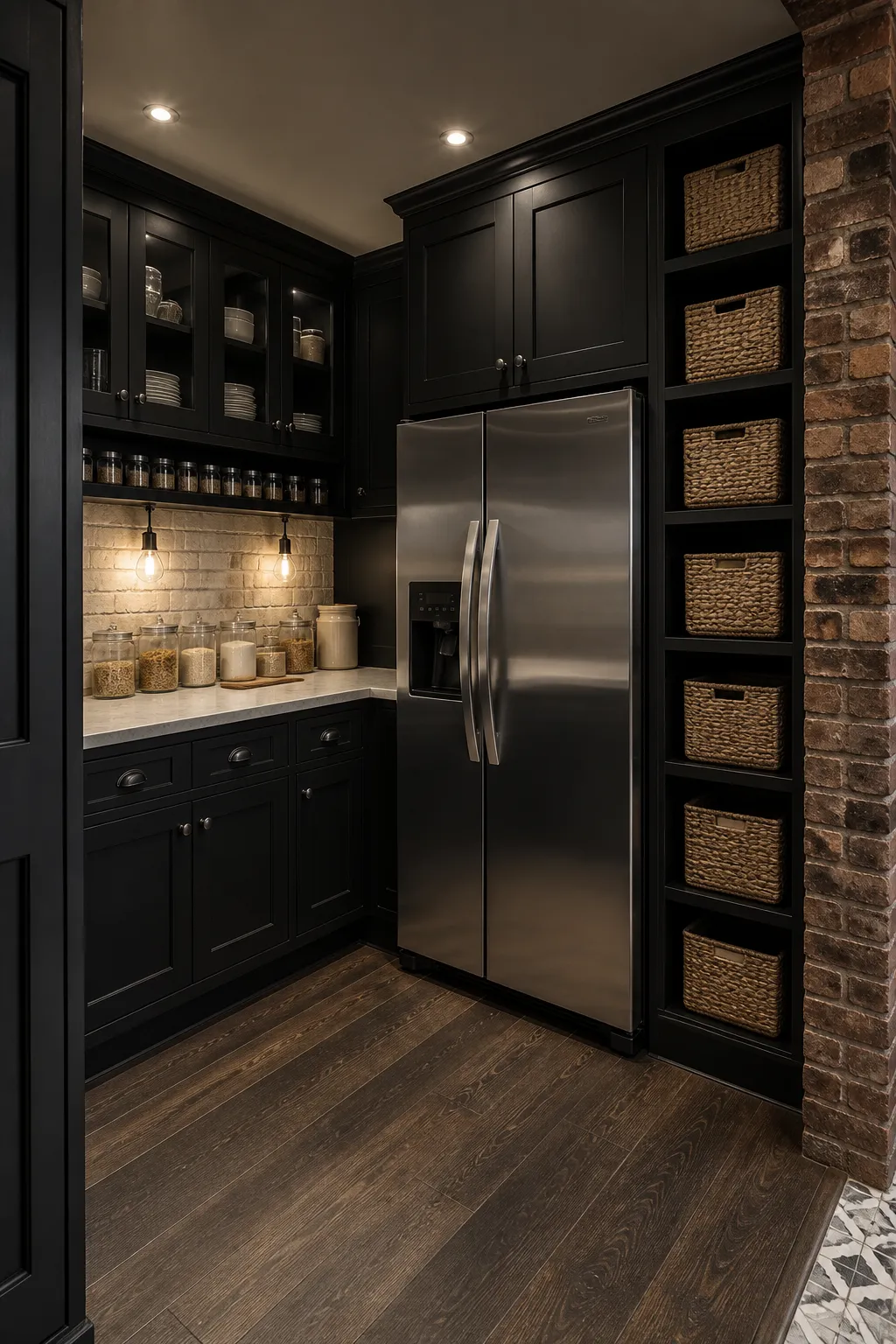 Dramatic pantry with moody black cabinetry and integrated cold storage