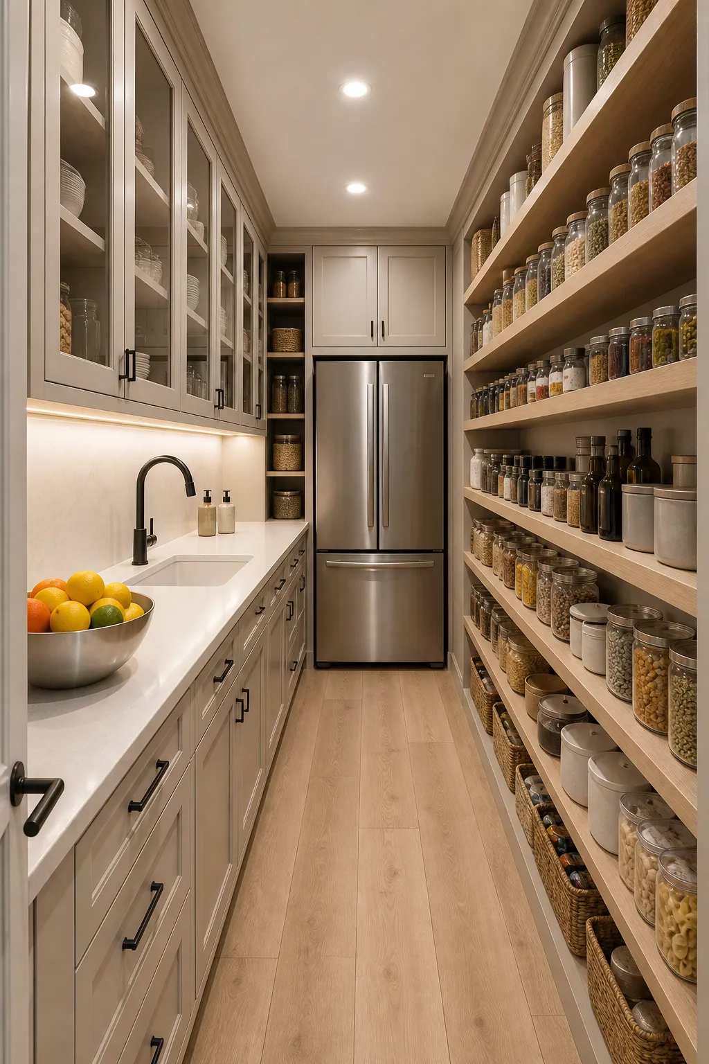 Narrow galley pantry arranged with adequate clearance around the refrigerator