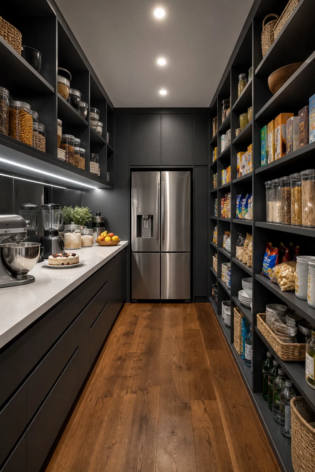 Refrigerator combined with modern charcoal pantry shelving