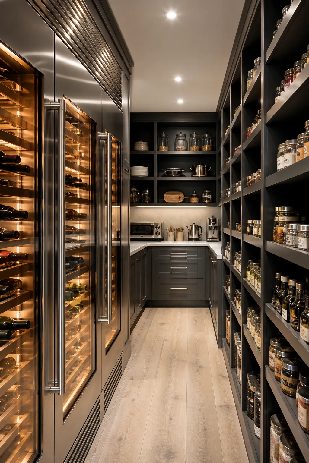 Luxurious narrow walk-in pantry with dedicated wine storage and streamlined shelving