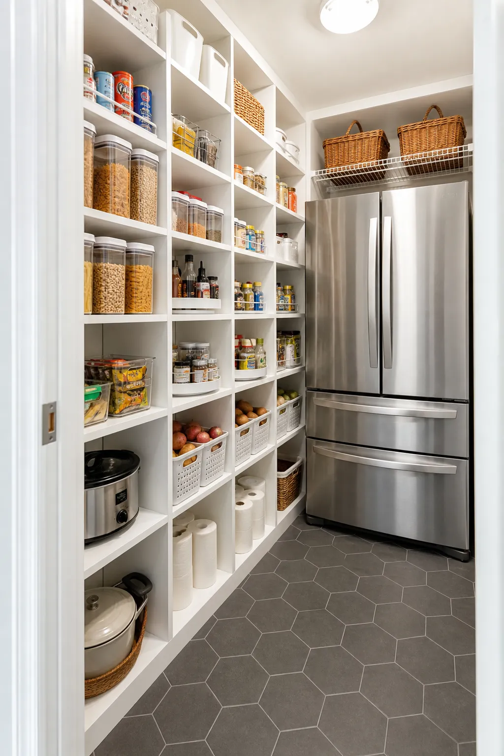 Bright white pantry arranged into clearly labeled food and household storage zones