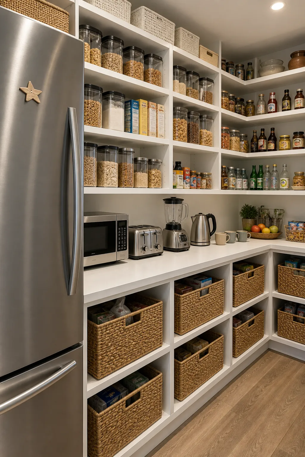 Family pantry with refrigerator and a practical counter for small kitchen appliances