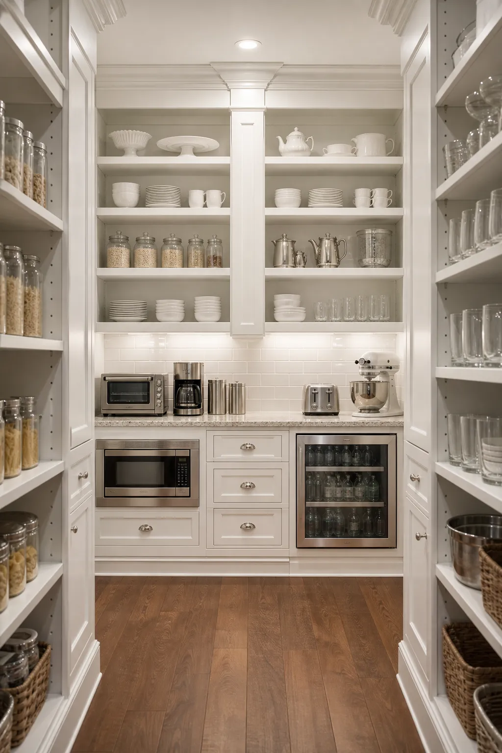 Elegant butler’s pantry combining refrigerator storage with refined cabinetry and counters