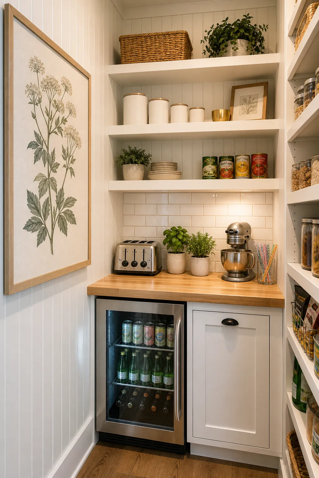 Small pantry with a refrigerator, open storage, and a warm natural wood countertop