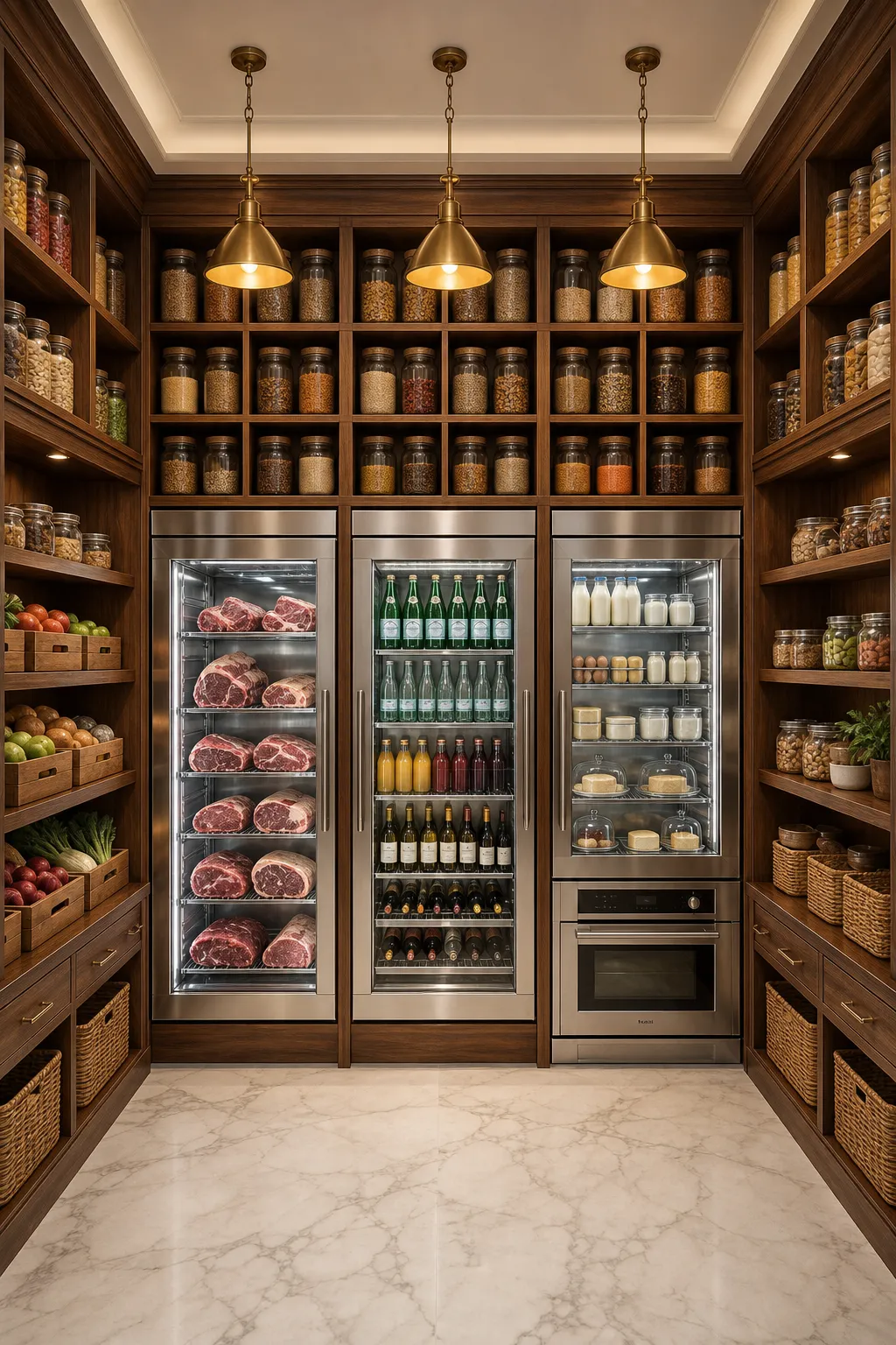 Luxury walk-in pantry featuring glass-front beverage and wine coolers