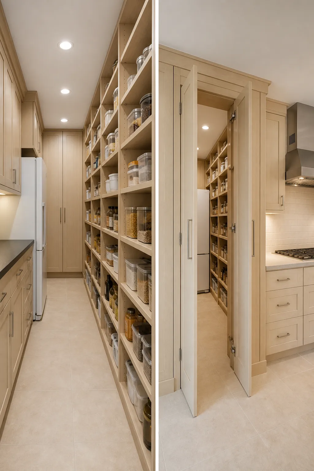 Narrow walk-through pantry with a refrigerator concealed behind coordinated cabinetry